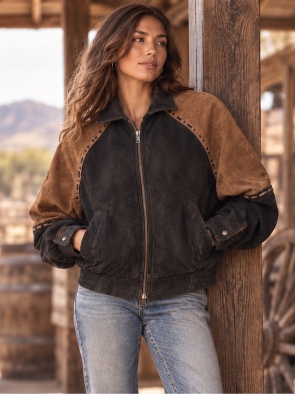 Vintages Genuine Suede Leather Colorblock Bomber Jacket  90s Western Rodeo M/L